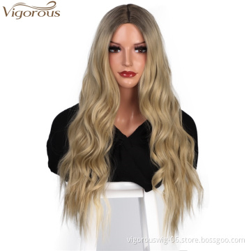 Vigorous Long Wavy Ombre Wigs Dark Roots to Blonde Middle Part Wig Heat Resistant Synthetic Fiber Long Curly Wig for Women